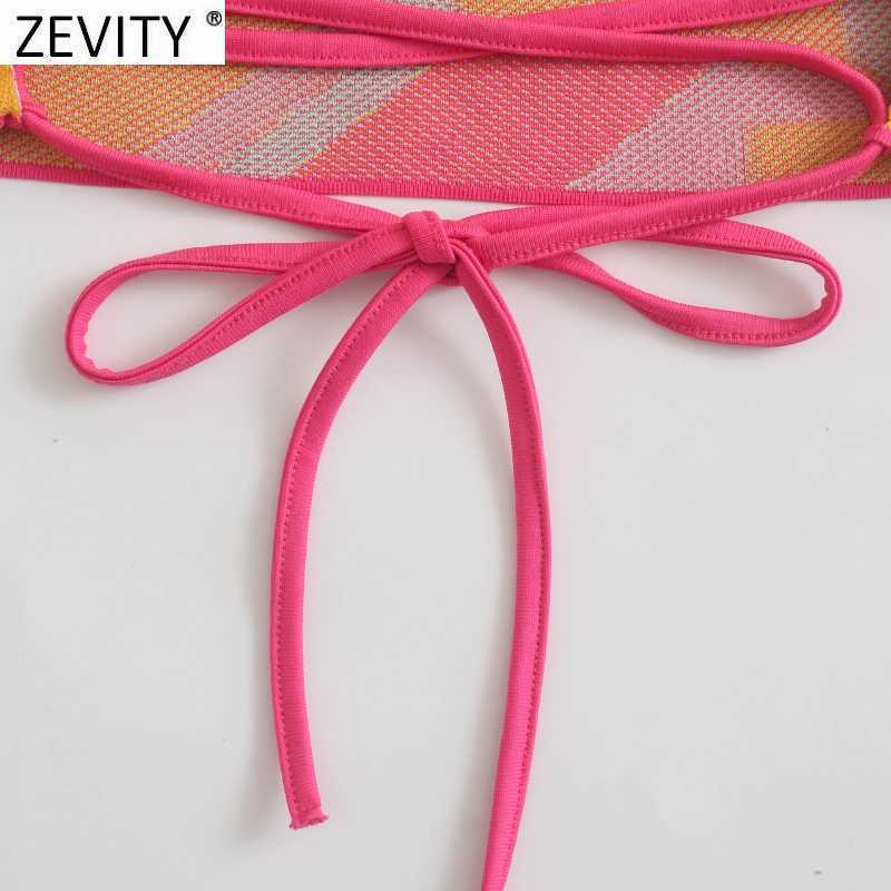 Zevity Women Chic Color Match Geometric Knitting Halter Camis Tank High Street Ladies Summer Backless Lace Up Crop Tops LS9427 210625