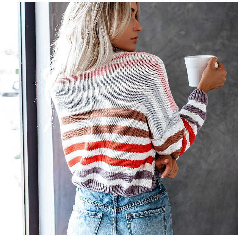 Colysmo Autumn Sweater Women O-neck Long Sleeve Sweters Invierno Rainbow Stripes Knitted Jumper Casual Winter Clothes 210527
