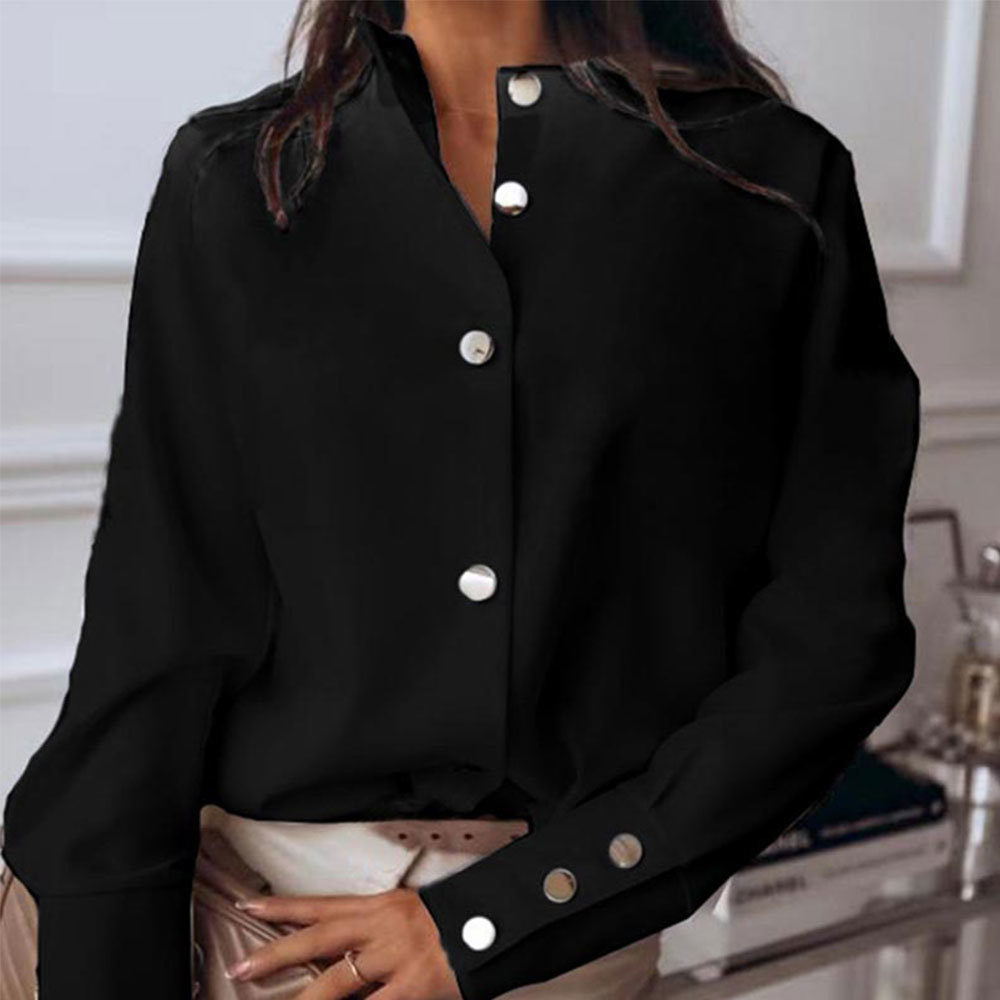 Elegant Long Sleeve Metal Buttons Blouse Office Lady Shirt Womens Tops and Blouses Spring Solid Tunic 210428