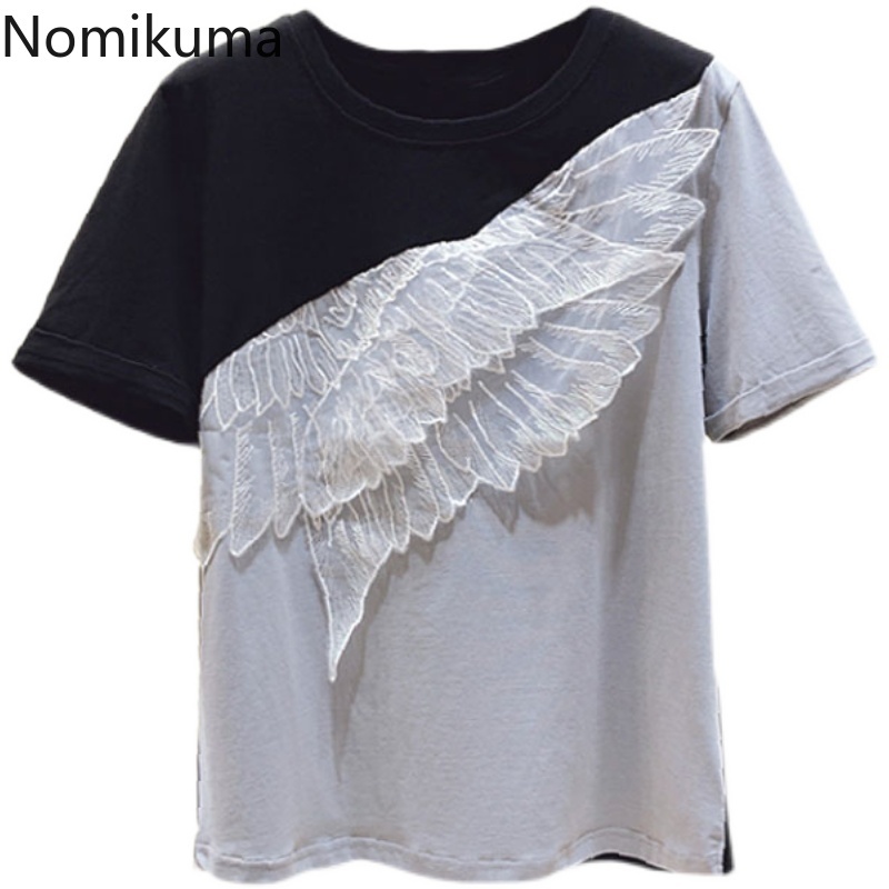 Nnomikuma Graphic T Shirts Korean Hit Color Lace Ruffle Patchwork Tee Top Summer New Short Sleeve O-neck Woman Tshirt 6G649 210427