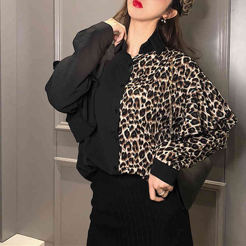 Vintage Shirt Casual Loose Ruffles Tops Fashion Leopard Blouse Women Long Sleeve Spliced Sexy Female Clothes Blusas 12050 210506
