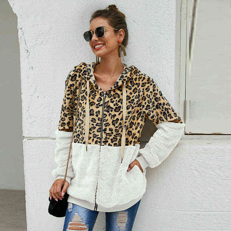 Autumn Winter Leopard Sweatshirts Women Long Sleeve Hooded Hoodies Casual Zipper Hoodie Top Warm Coat Polerones Mujer 211109