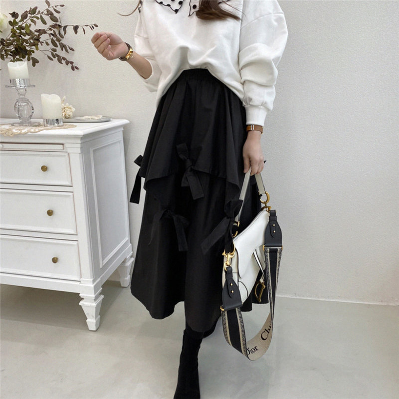 Black Bow Loose Elastic-Waist Solid High Waist A-Line Sweet Bottoming Brief Elegant Women OL Sexy Long Skirts 210421
