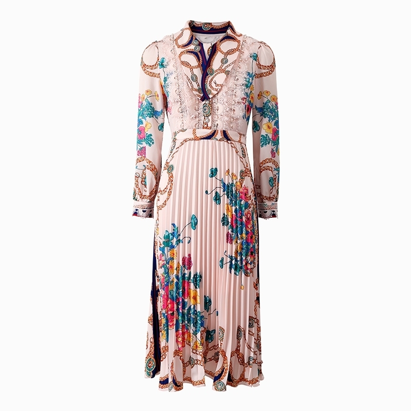 Fashion Runway Summer Women Dress Bead Floral Print Pleated Lace Elegant Slim Fit Ladies Vintage Midi Dresses 210522