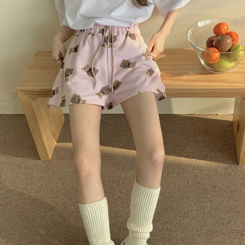 Korean Cartoon Bear Printed Shorts Women Lace Up Stretch High Waist Bottoms Summer Causal Wide Leg Short Feminimo 6G964 210603