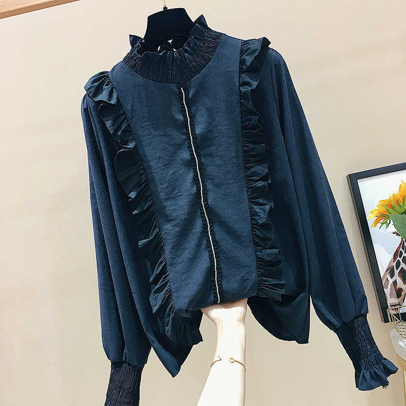 Solid Pleated Ruffles Patchwork Stand Shirt for Women's Spring Blouse 210615