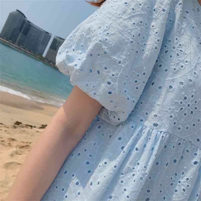 Blue Lace Dress Summer Cotton O-Neck Hollow Out Loose Dresses Bohemian Party Vestidos Robe Femme Sundress 210520