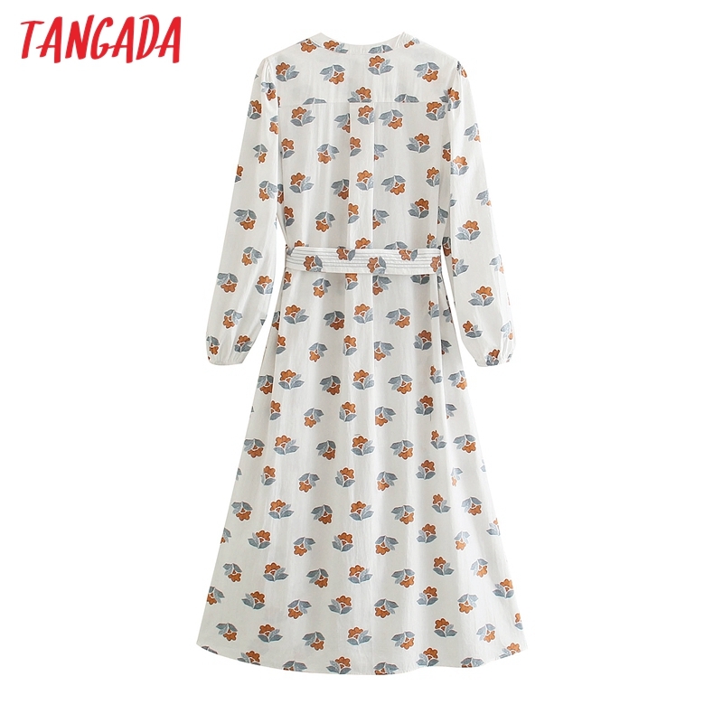 Women Chic Floral Print Shirt Dress with Belt Vintage Long Sleeve Female Midi Dresses BE465 210416