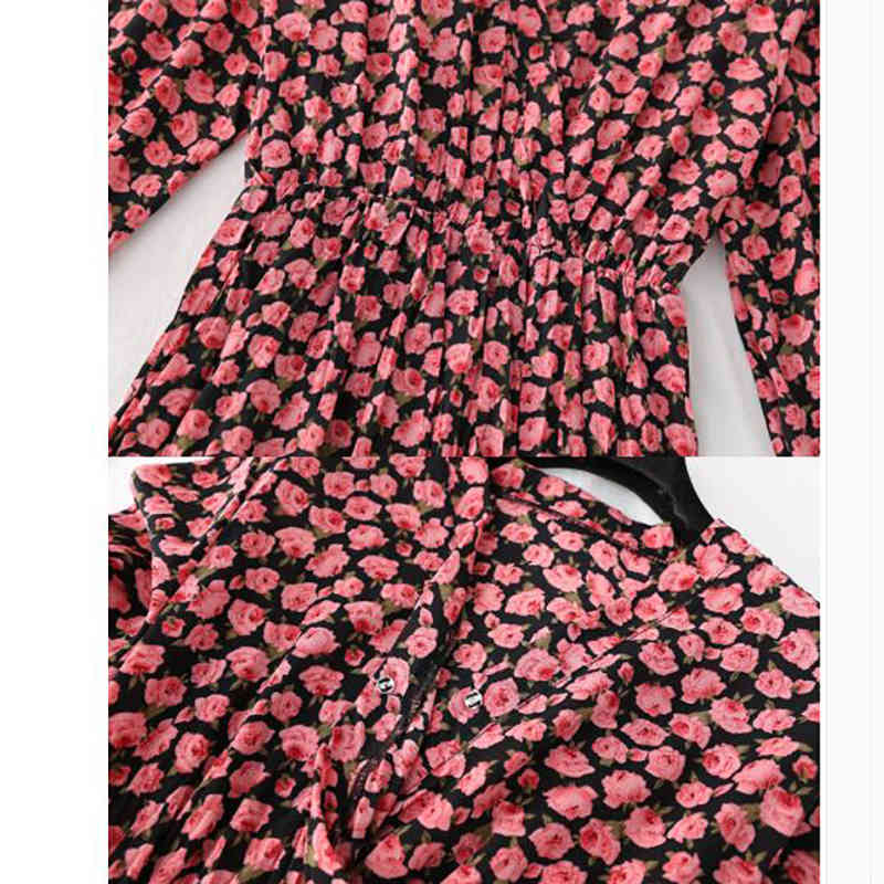 Elegant Chiffon Pleated Midi Dress Spring Fashion Women Long Sleeve Ruffles Print Dresses Elastic Waist Vintage Vestidos 210521