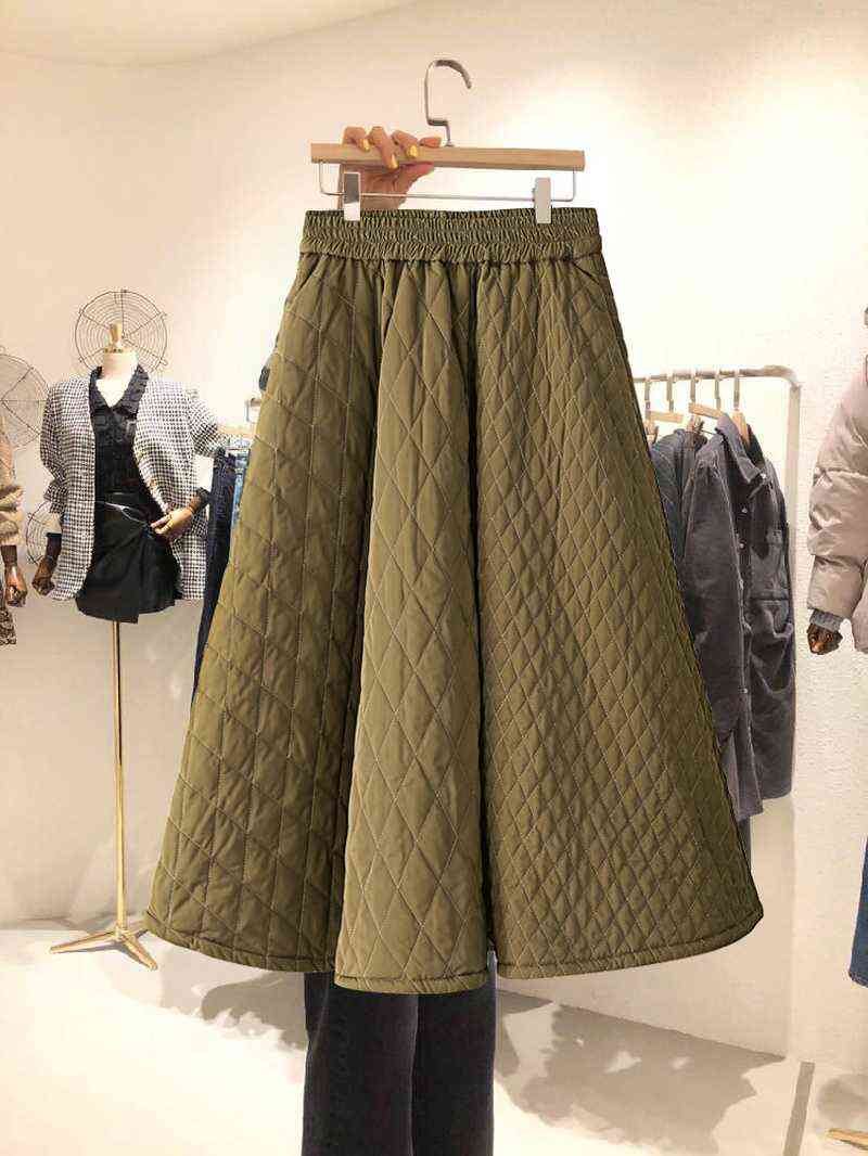 Korea Autumn Winter Women Skirt Elastic High Waist Rhombic Woven Quilted Cotton Solid Color A-Line Elegant Female 211119