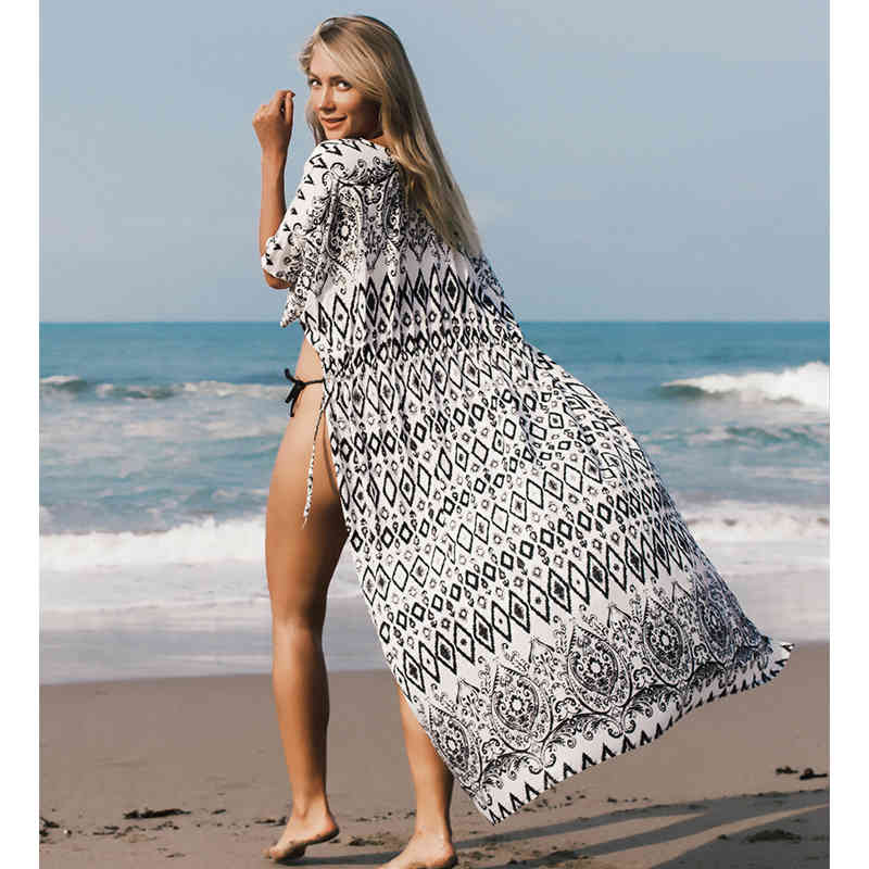 Sexy Bikini Cover-ups Cotton Tunic Boho Printed Summer Beach Dress Elegant Women Plus Size Wear Swim Suit Cover Up Q1114 210420