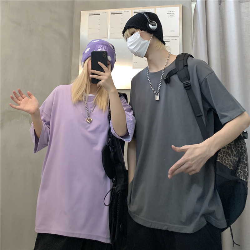 Cotton Fashion Loose All Match Plus Size Men Korean Chic Women Solid Oversize Brief Streetwear T-shirt 210421