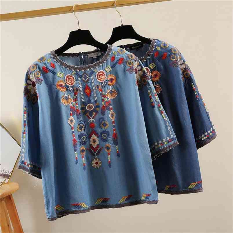 Summer Arts Style Women Half Sleeve Loose O-neck Tee Shirt Femme Tops Vintage Embroidery Cotton Denim T-shirt V33 210512