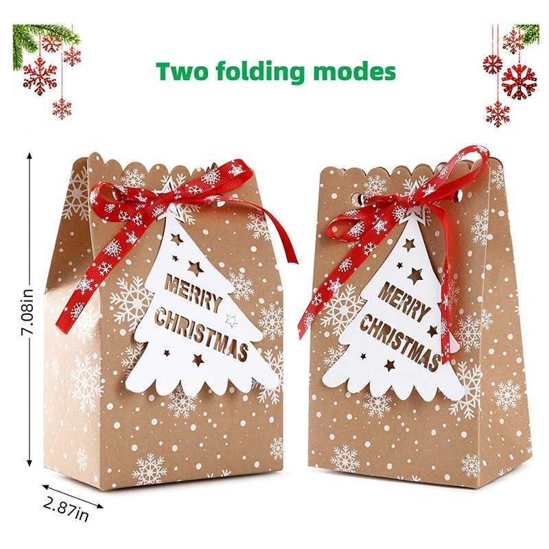 24 Sets Christmas Gift Bags With Tags 7Inch Candy Kraft Paper Cookie Packaging Box Year XMAS Decorations 211025