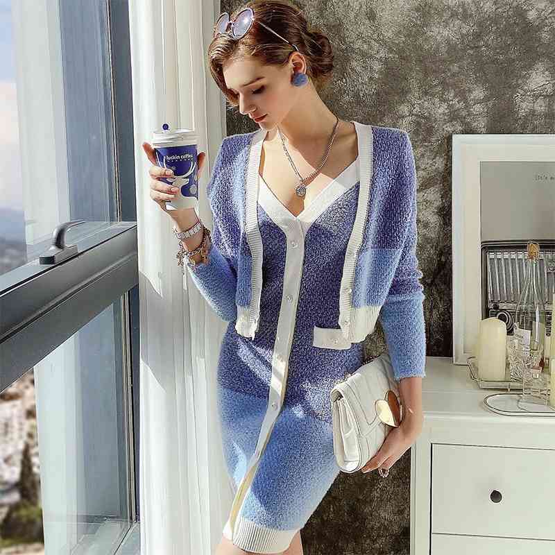 Dabuwawa Elegant Print Two Piece Set Knit Dress Women V-Neck Street Style Spring Autumn Cardigan Coat 2PCS Female DO1ASA002 210520