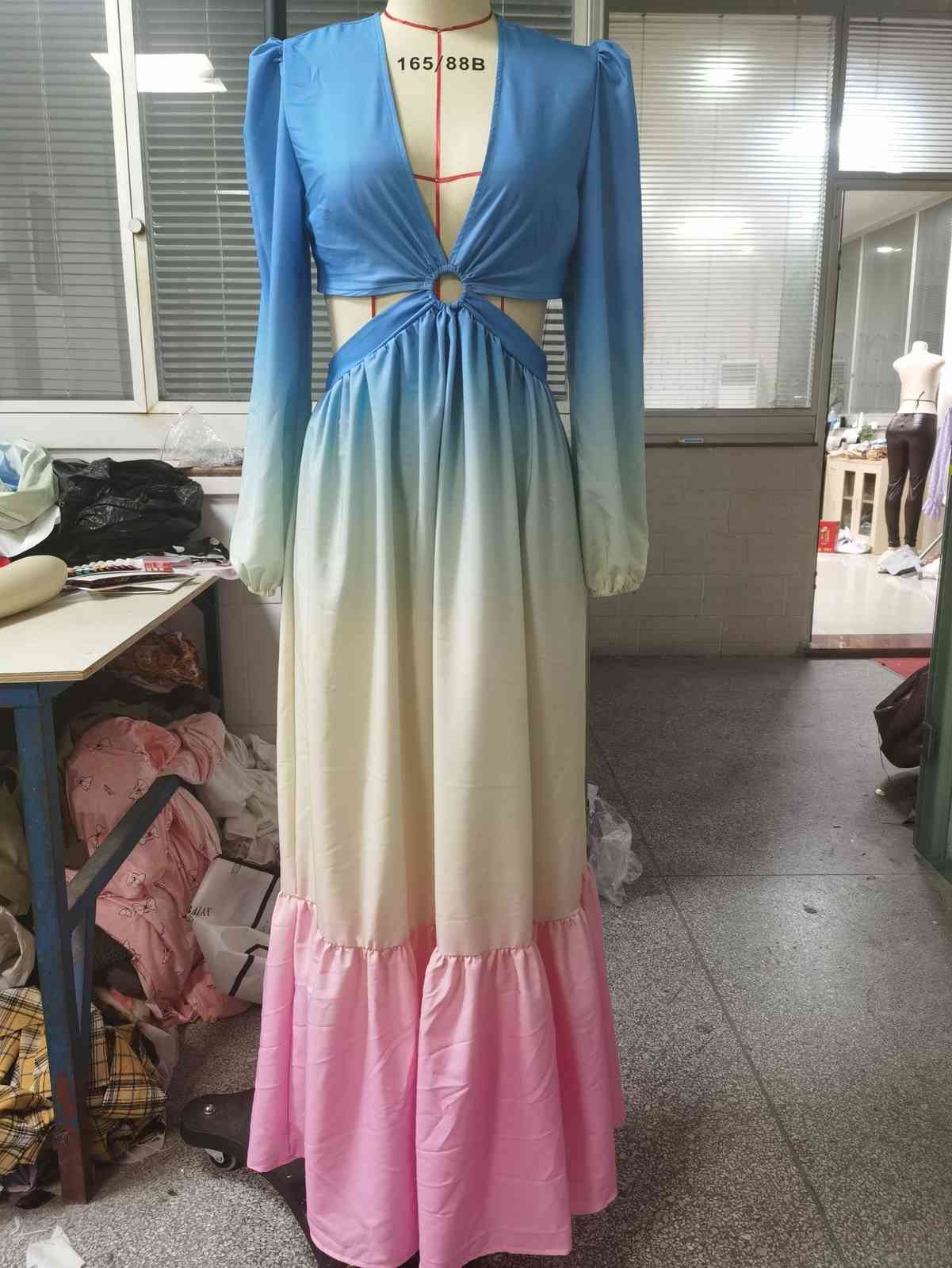 Women Dress Patchwork Bohemia es Sexy Long Hollow Out Maxi Sleeve Deep V Neck Plus Size Summer es 210513