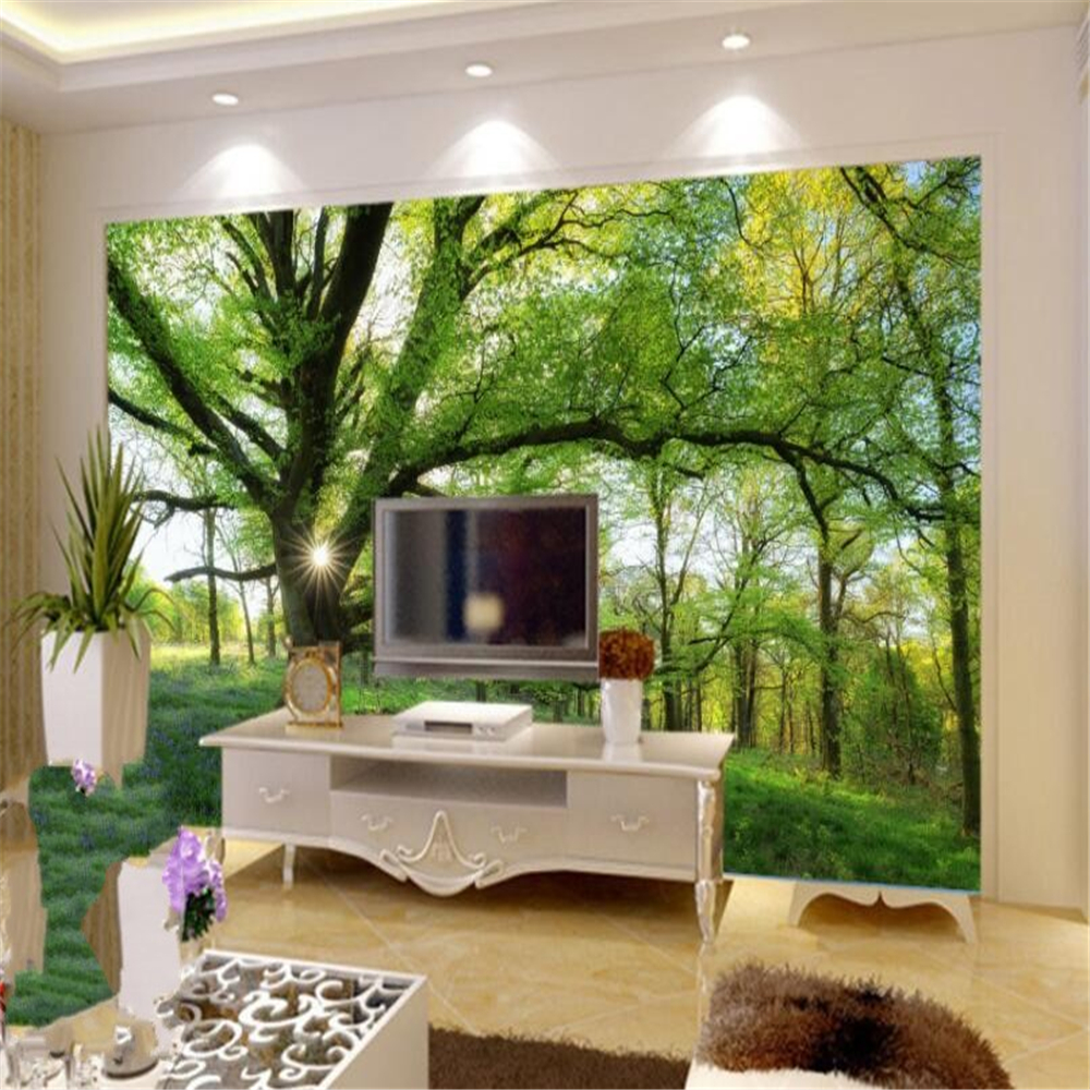 Fresh sunshine forest trees beautiful scenery wall custom large mural green wallpaper papel de parede para quarto