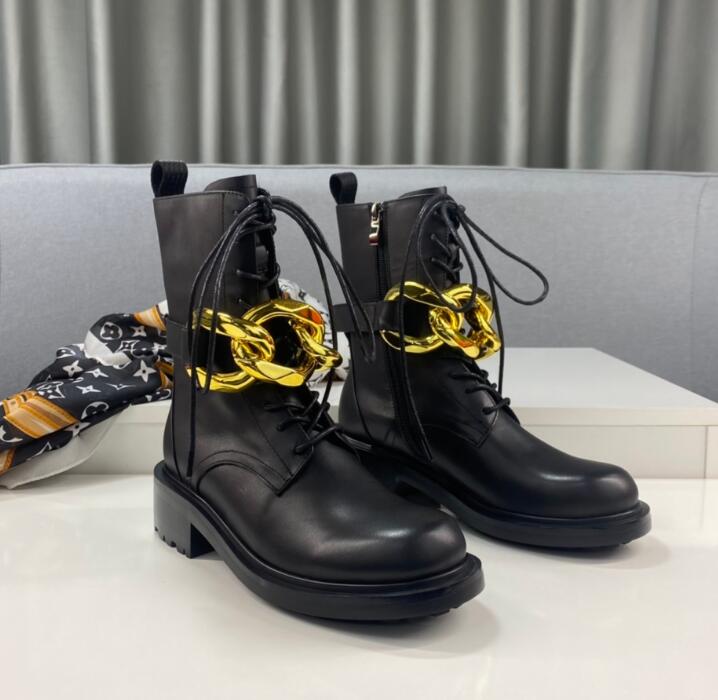Fashion front lace-up low-heel short boots metal chain decoration round head size 38-40