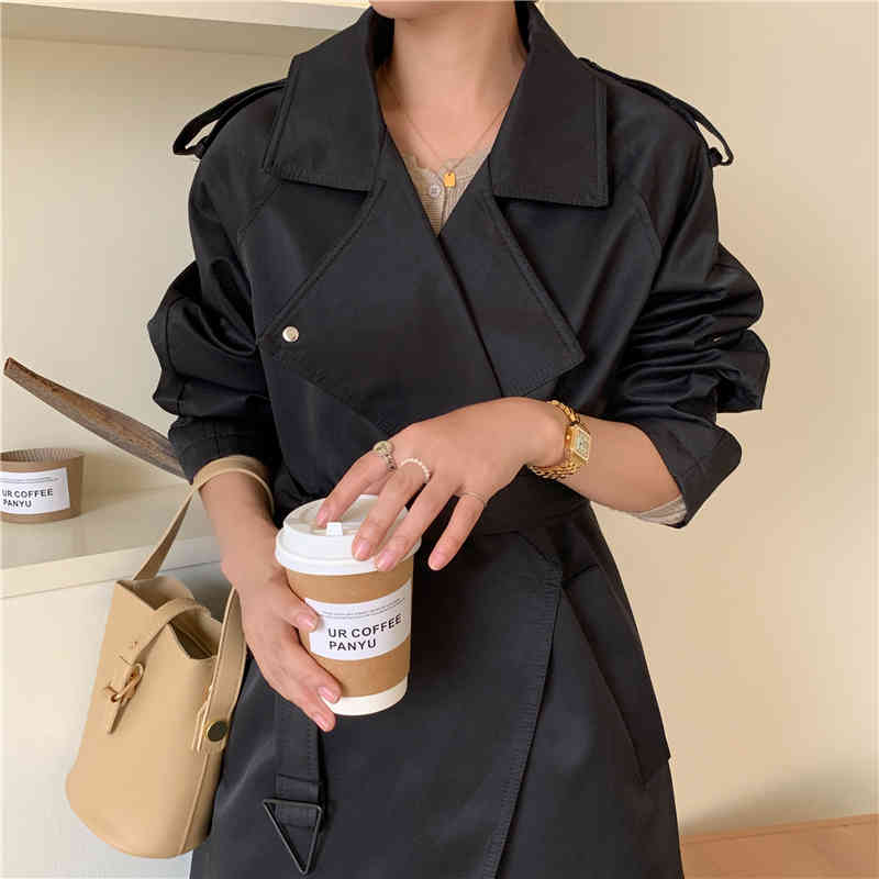 Minimalist Fashion Double-breasted Khaki Long Trench Coat OL Outwear Solid Frock Women Windbreaker 210421