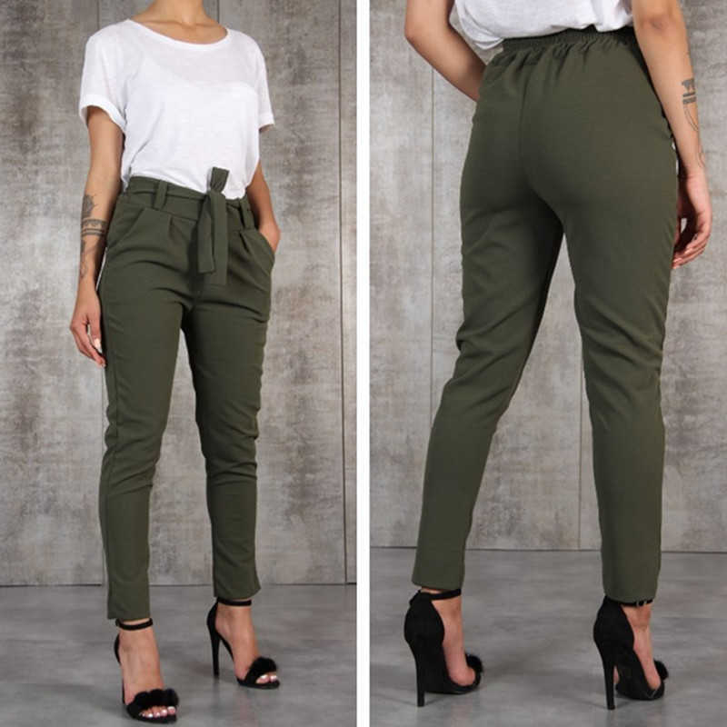 BornToGirl Casual Slim Chiffon Thin For Women High Waist Black Khaki Green Pants Woman Trousers 211006 Z260314