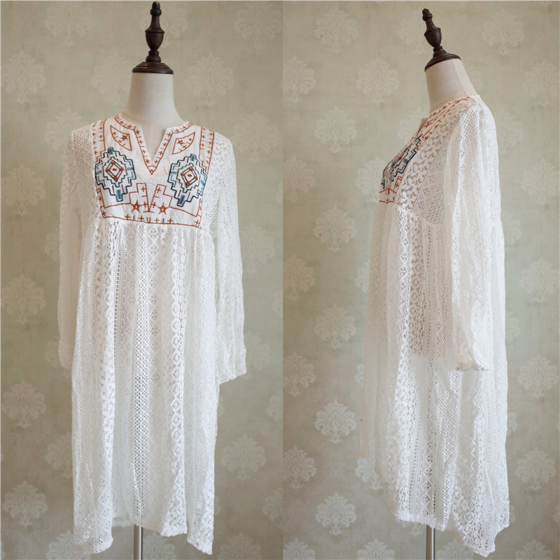 Lace Beach Cover up Pareo wear Swim suit Embroidery Playa Tunics for Swimwear Women Dress #Q770 210420