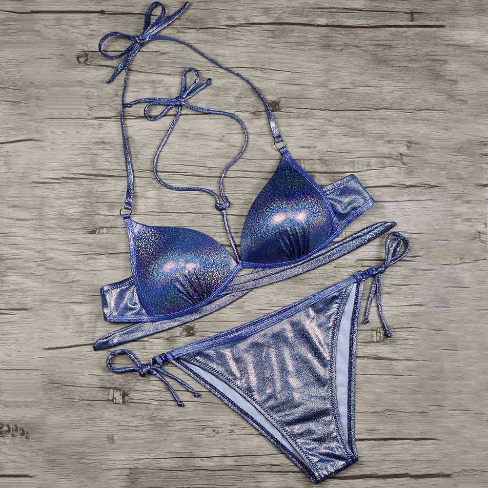 Silver Metallic Swimsuit Push Up Bikini Sequin Waterproof Micro Set Swimwear Sexy Bathing Suit String s 210520