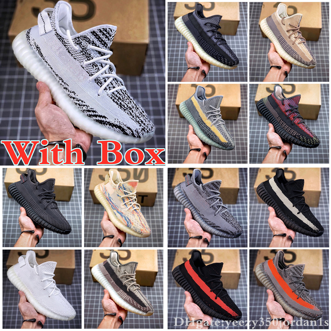 with box kanye men women running shoes ash blue asrie cinder tail light white black static reflective zebra israfil oreo linen sport sneaker