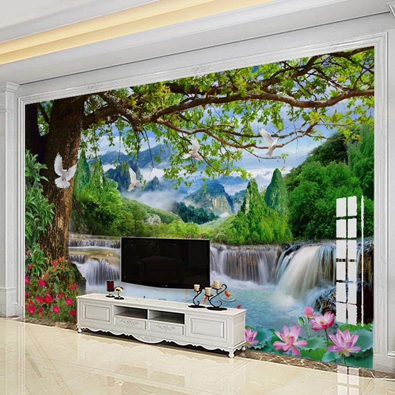 Custom Mural Green Big Tree Forest Waterfall Nature Landscape 3D Photo Wallpaper Bedroom Living Room Background
