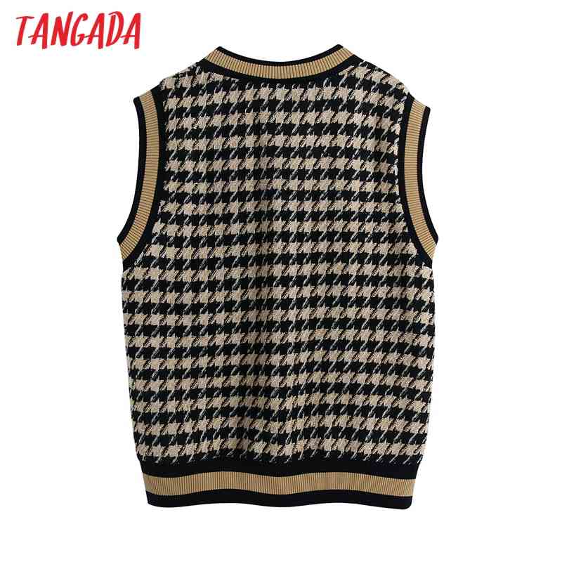 Women Fashion Jacquard Check Knitted Vest Sweater Vintage V Neck Sleeveless Female Waistcoat Chic Tops BE454 210416