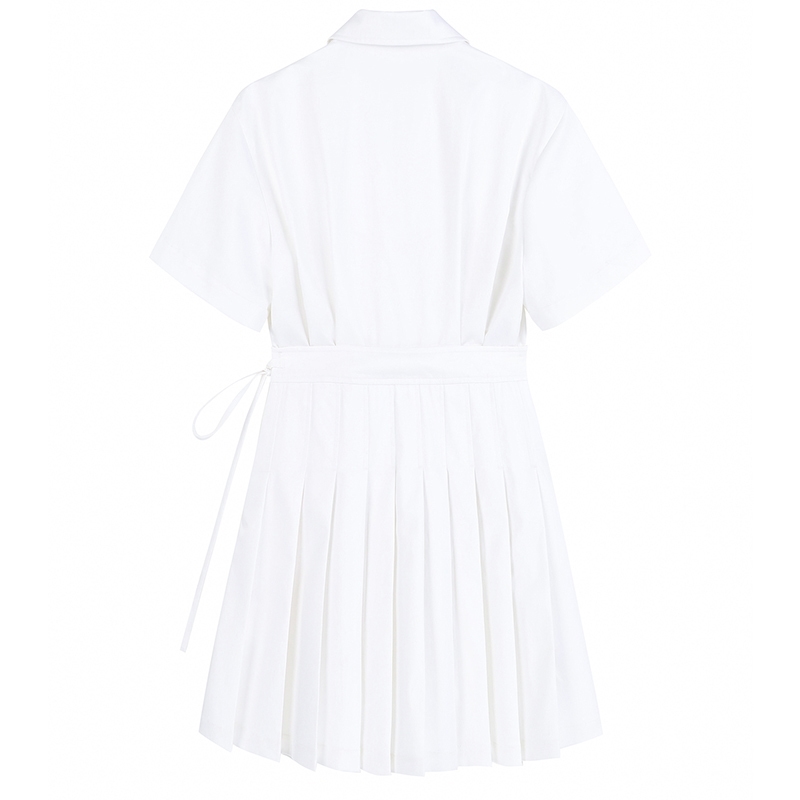 [EAM] Women White Bandage Pleated Big Size Shirt Dress Lapel Short Sleeve Loose Fit Fashion Spring Summer 1DD8955 210512