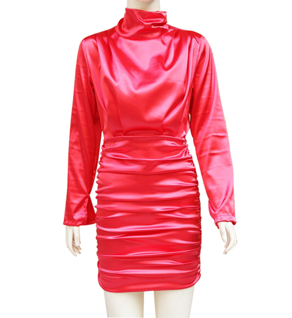 Women Dress Stand Collar Long Sleeves Mini es Pleated High Waist Hip Ladies Plus Size Black es 210513