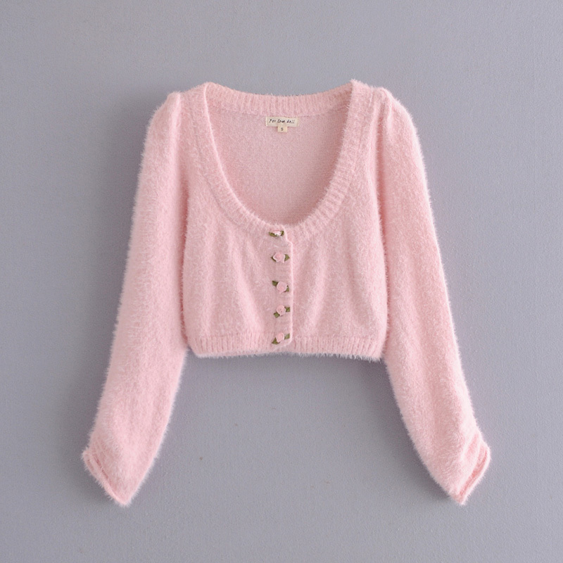 women button pink cardigan fashion ladies v-neck puff sleeve single breasted solid short sweater cute girls preppy style 210521