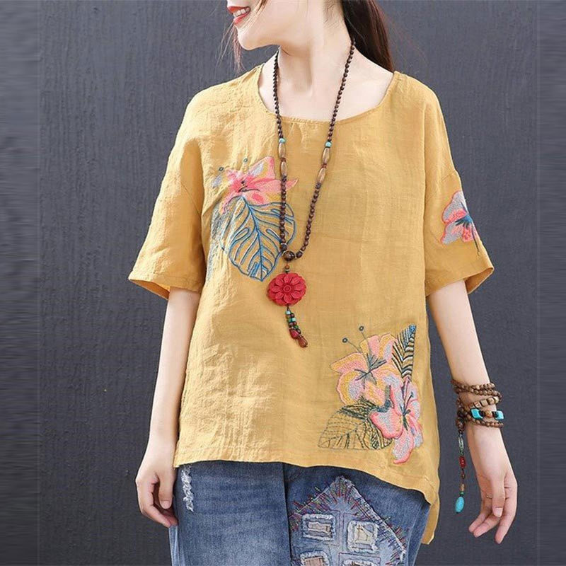 Summer Style Cotton Linen Tops Plus Size Floral Embroidery Vintage Loose Short Sleeve Tshirt Lady O-neck Tee Shirt Big HX01 210512