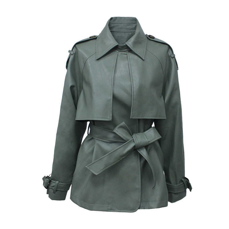 FTLZZ Spring Autumn Women Faux PU Leather Casual Streetwear Outwear Motorcycle Leather Jacket with Belt Green Biker Coat 210909