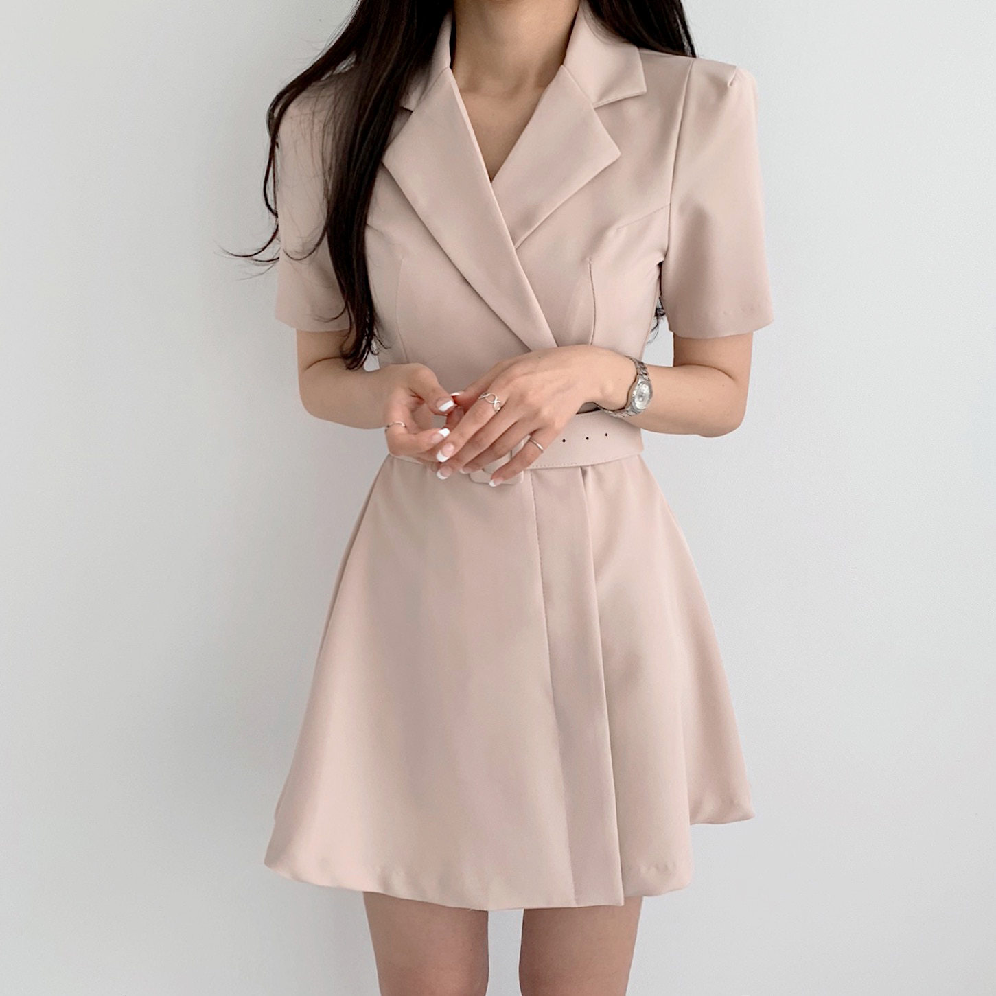 Elegant Notched Collar Blazer Mini Dress With Sashes Summer Ladies Short Sleeve A-Line Party Dresses Female 210519