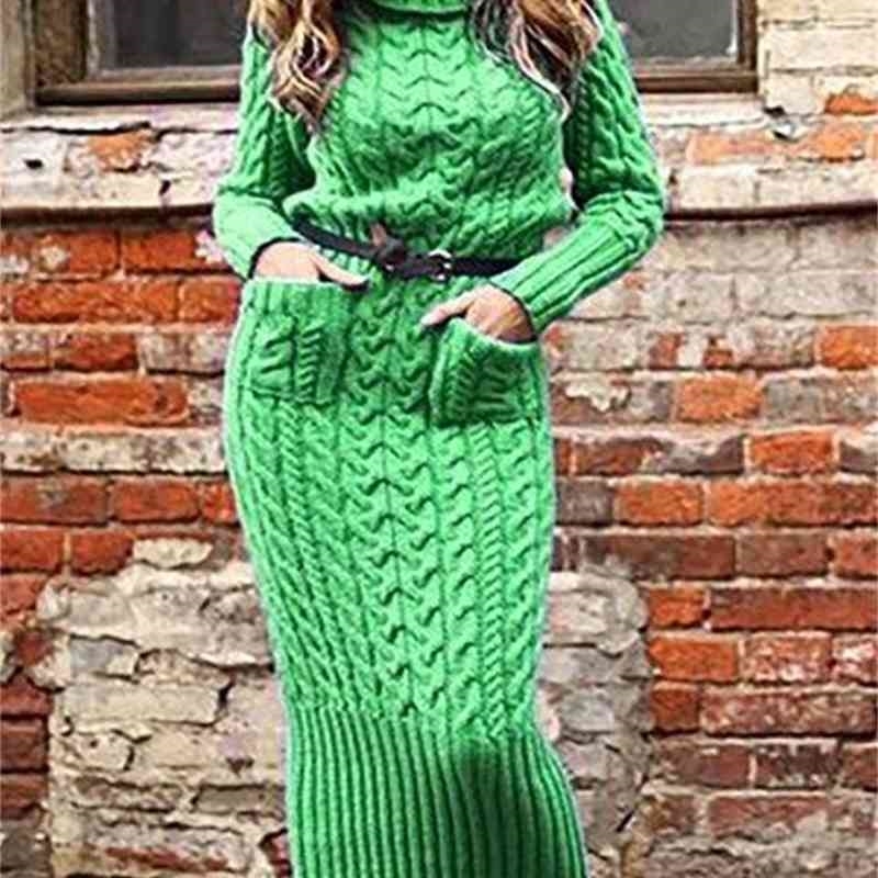 Winter Plus Size Dresses for Women Turtleneck Long Sleeve Pullover Knitted Dress Femme Striped Pattern Pocket Slim Vestido Longo 210604