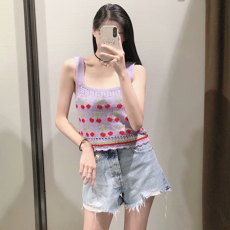 Women Sweet Cherry Print Jacquard Sling Knit Sweater Female Hollow Out Crochet Short Vest Chic Summer Crop Tops 210521