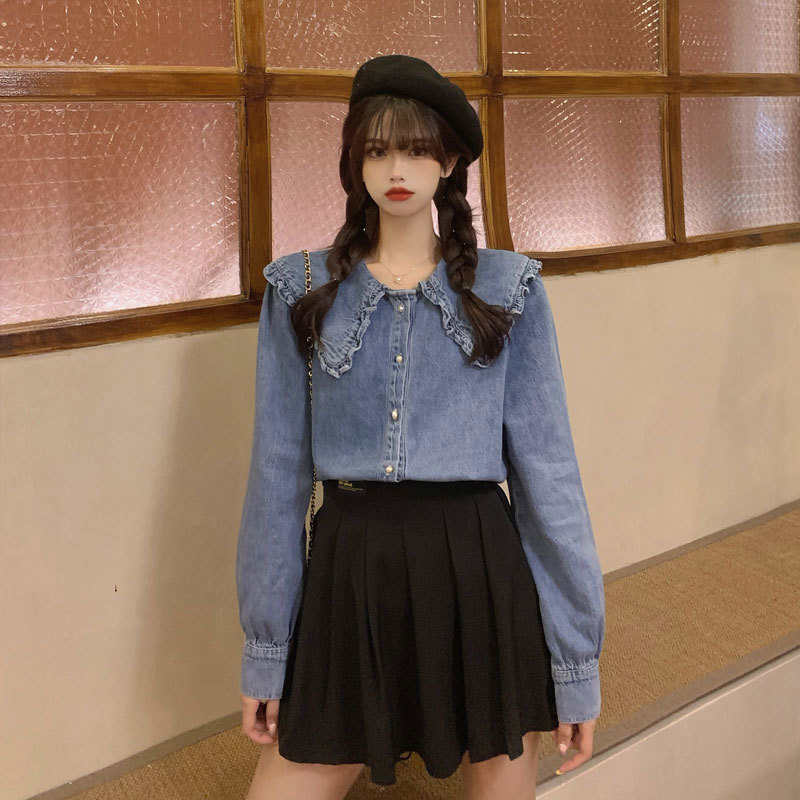 Arrival Spring Autumn Preppy Style Women Long Sleeve Loose Denim Shirts Peter Pan Collar Ruffles Cute Blouse Plus Size V90 210512
