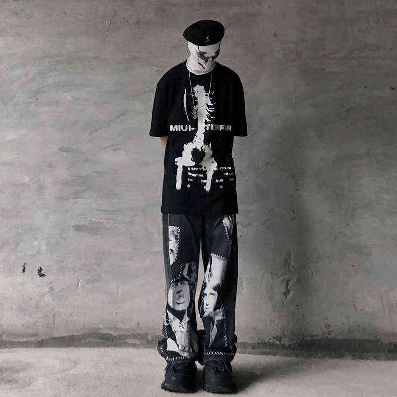 UNCLEDONJM High Street Patchwork Printed Jeans Ins Hip Hop Wide Leg Pants Men hip hop jeans men 211120
