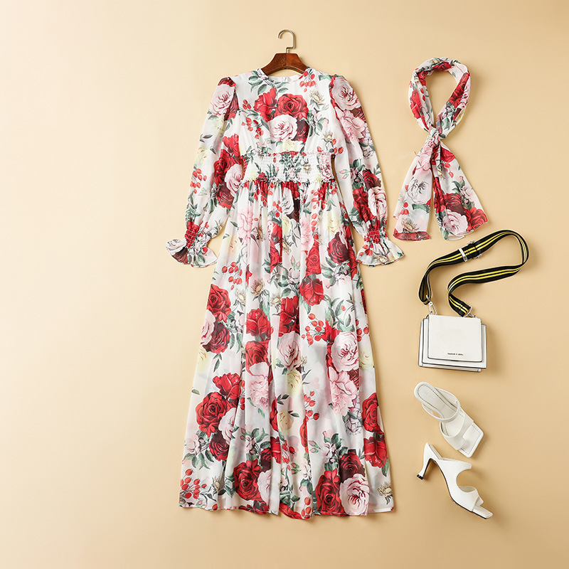 Women's Runway Dresses O Neck Long Sleeves Floral Printed Elastic Waist Fashion Maxi Dress with Scarf