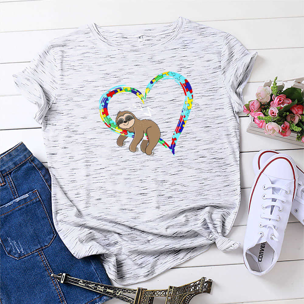 S-5XL Fashion 100% Cotton Women T-Shirt Casual Loose Lazy Sloth Heart Print Summer Female Tees Top Plus Size W871 210526