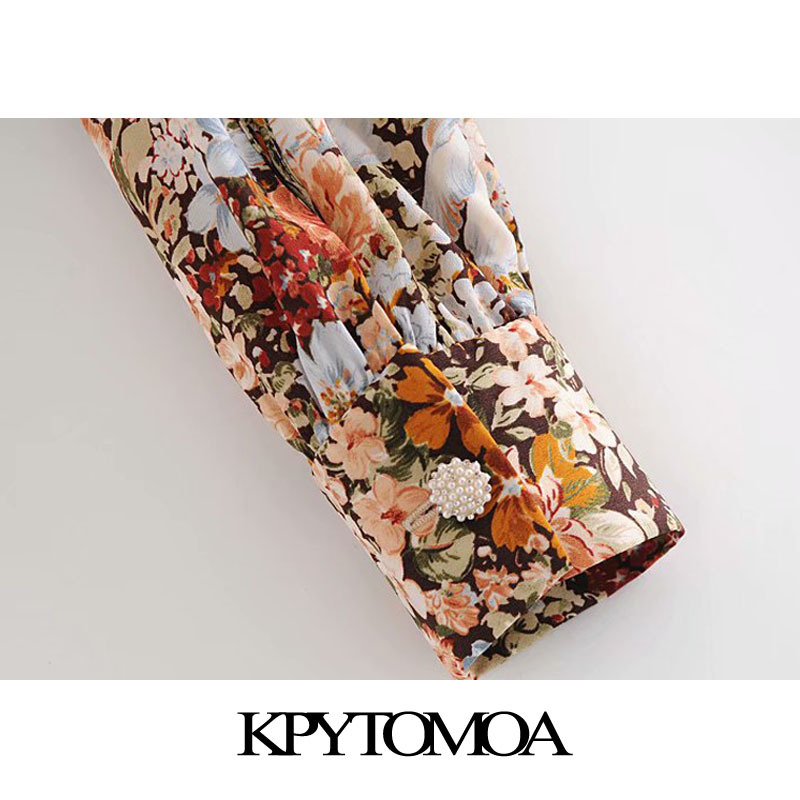 Women Fashion With Bow Tied Floral Print Cropped Blouses Long Sleeve Button-up Female Shirts Chic Tops 210420