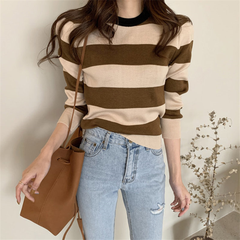 Striped Color-Hit Jumpers Office Lady Slimming Soft Warm Full-Sleeved All Match Knitted Brief Chic Basic Sweaters 210421