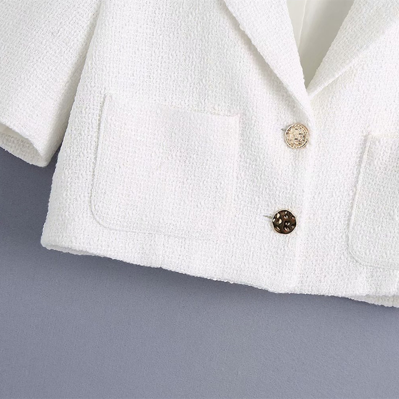 Casual Women V Neck Single-Breasted Jacket Summer Fashion Ladies High Street Female Textured Cropped Blazer 210515