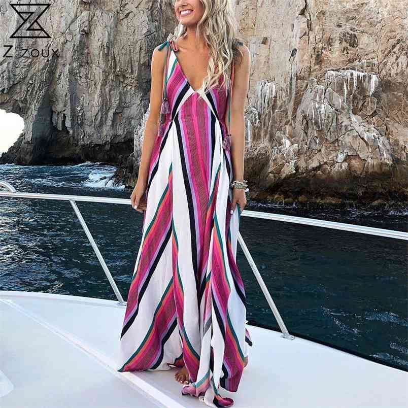 Women Dress V-neck Striped Plus Size Long Dresses Sleeveless Sexy Vintage Summer Clothes 210513