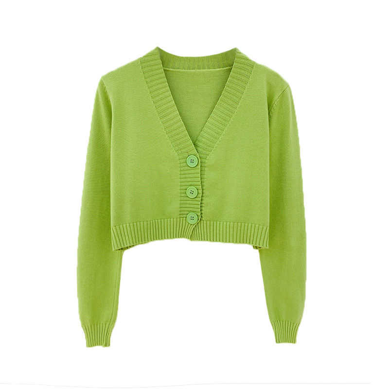 Knitted Crop Cardigan Women Korean Short Sweater Long sleeve V neck Green Blue 210914