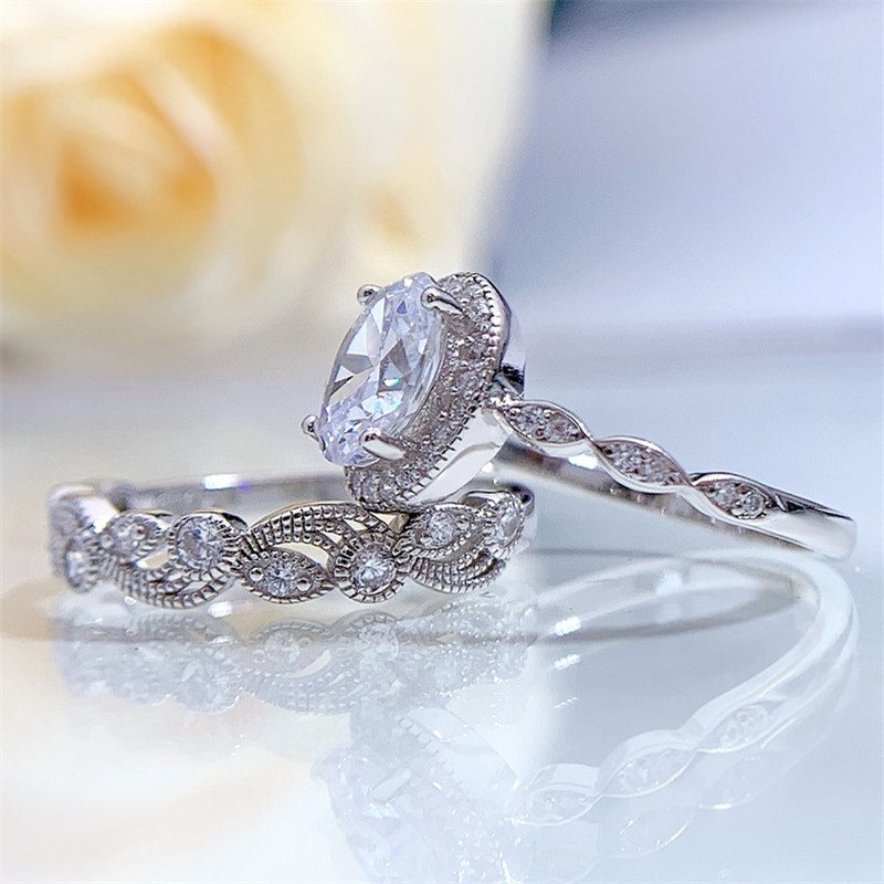 Size 5-10 Luxury Jewelry Wedding Rings 925 Sterling Silver Oval Cut White Topaz Rose Gold CZ Diamond Handmade Eternity Party Women Bridal Ring Set For