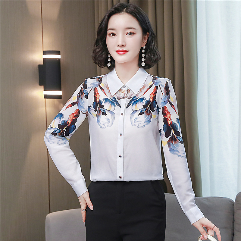 Spring and Autumn White Silk Shirt Women's Long-Sleeved Elegant Retro Printed Mulberry Chemisier Femme 10720 210518