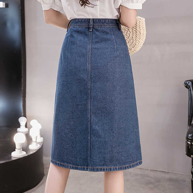 LY VAREY LIN Spring Summer Office Lady Button Mid Length Denim Skirts Casual Single Breasted A-line High Waist 210526