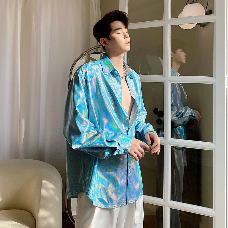 IEFB Spring Clothing Oversized Long Sleeve Korean Streetwear Men's Shirt Lapel Shiny Fabric Trend Tops Blue Clothes 9Y5776 210524
